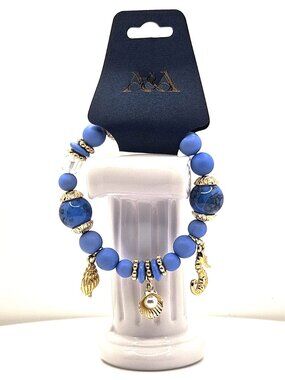 Blue Beaded Bracelet With Gold Tone Charms & Faux Pearl Accent